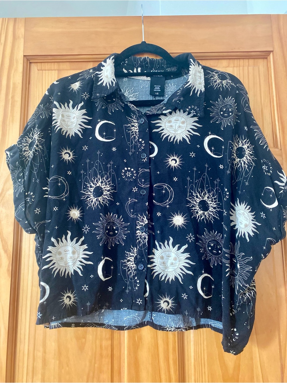 Cosmic Aura Celestial Sun Moon Print Button Front Rayon Shirt LG Witchy Boho